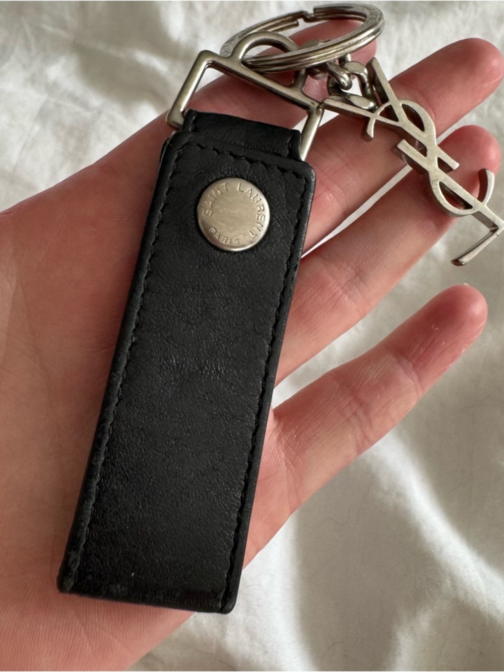 Saint Laurent Black Leather Keyring with Silver YSL Charm / Bag Charm - Picture 4 of 7